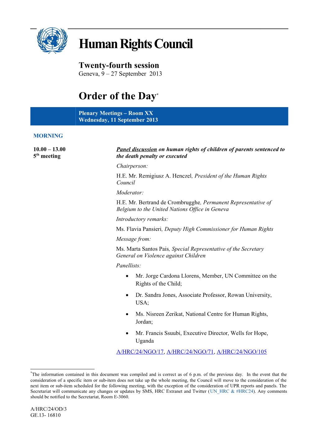 Order of the Day, Wednesday 10 September 2013