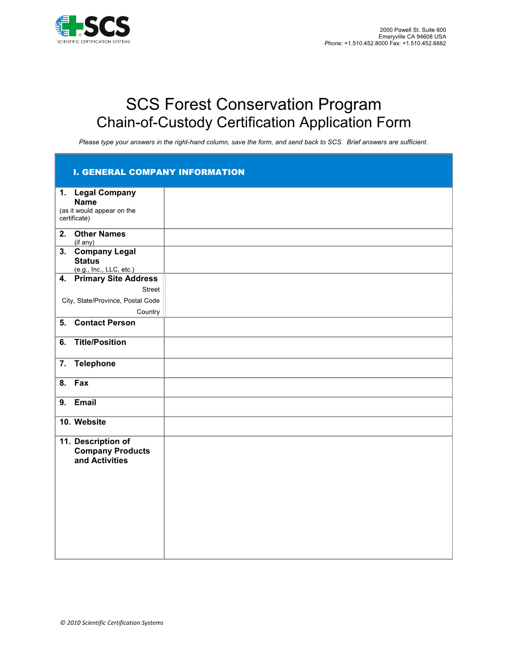 Chain of Custody Application Form