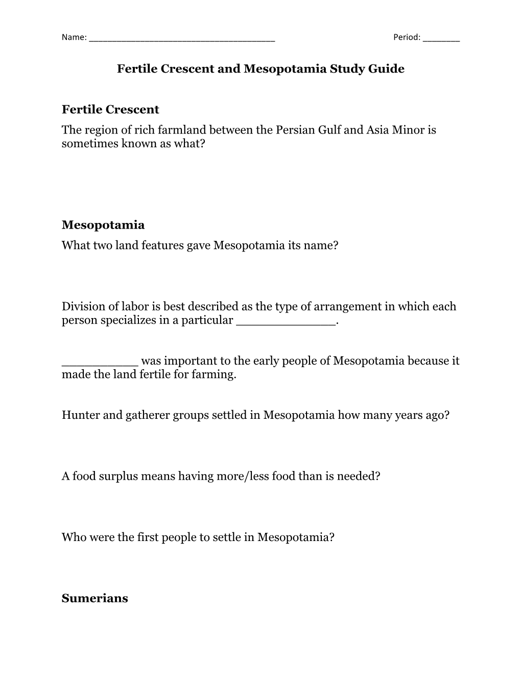 Fertile Crescent and Mesopotamia Study Guide