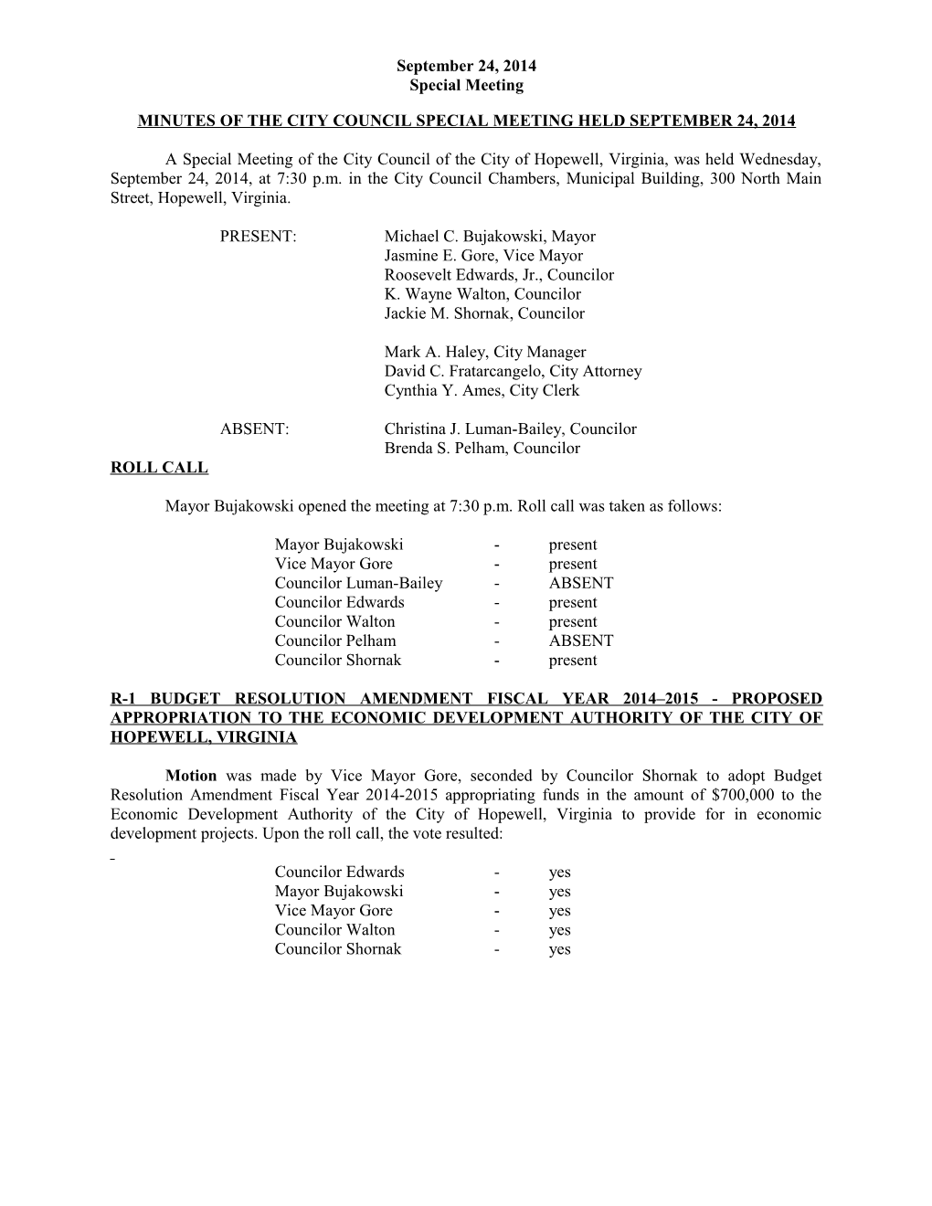 Minutes of the City Council Special Meetingheld September 24, 2014