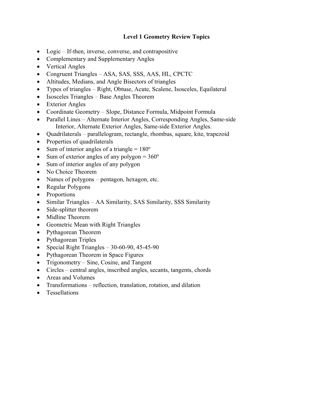 Level 1 Geometry Review Topics