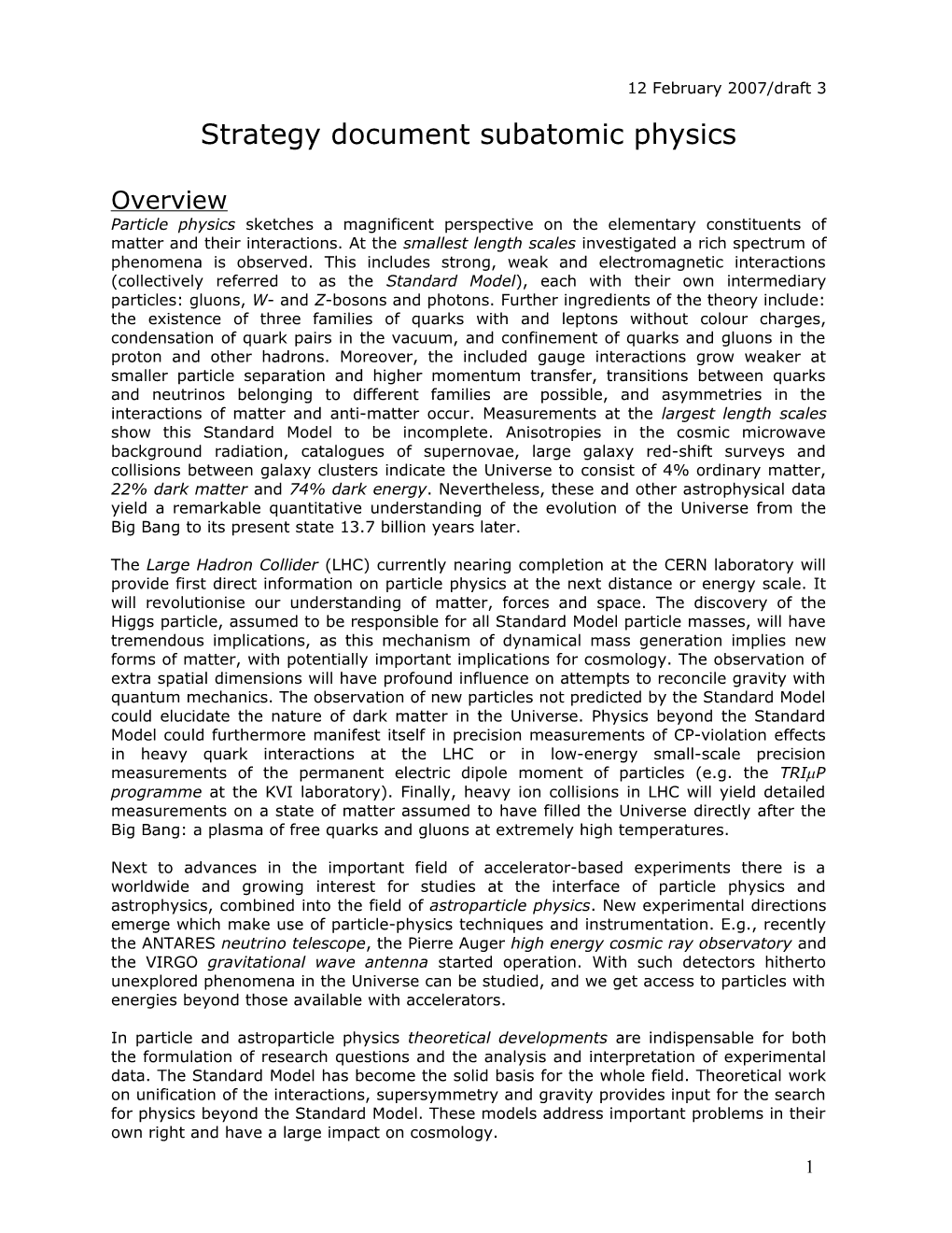 Strategy Document Subatomic Physics
