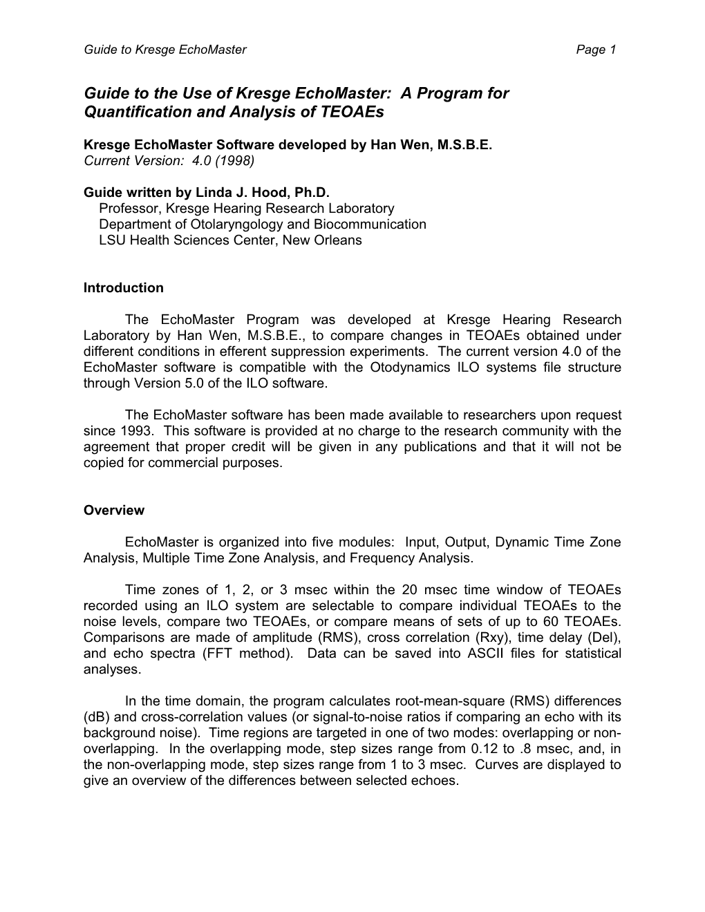 A Guide to the Use of the Kresge Echomaster OAE Analysis Software