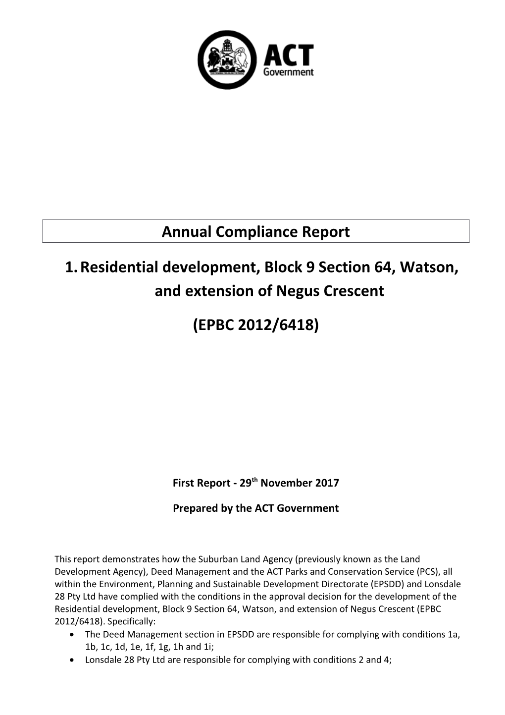 Annual Compliance Report - Residential Development, Block 9 Section 64, Watson, and Extension