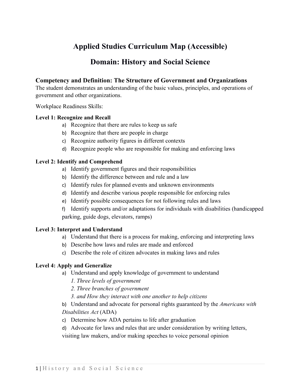 Applied Studies Curriculum Map: History and Social Science Domain