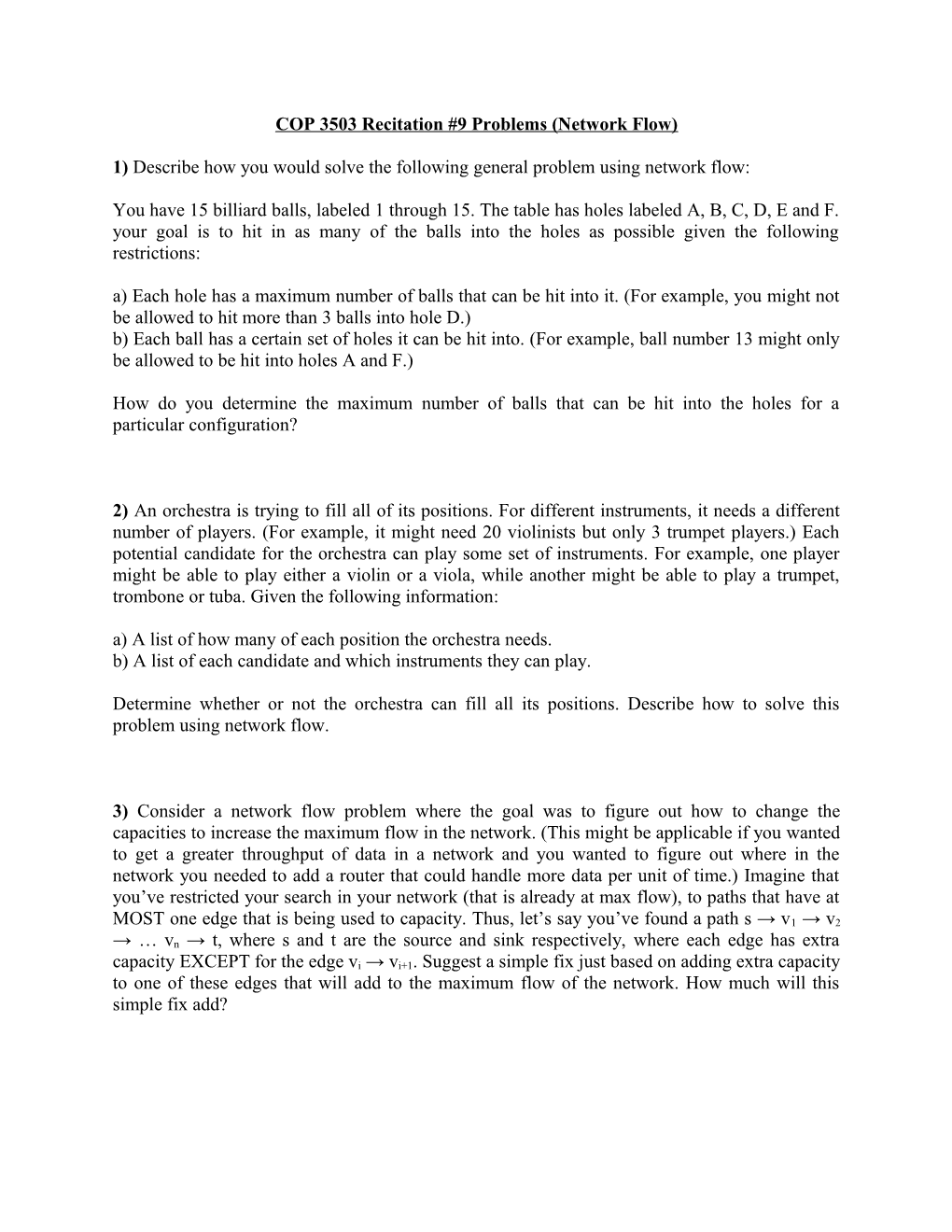 COP 3503 Recitation #9 Problems (Network Flow)
