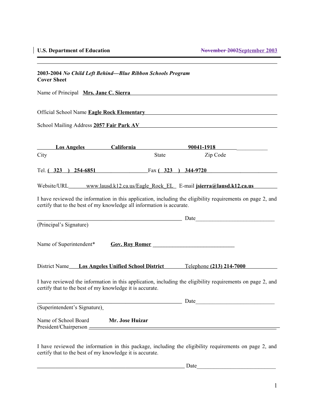 Eagle Rock Elementary School 2004 No Child Left Behind-Blue Ribbon School Application (Msword)