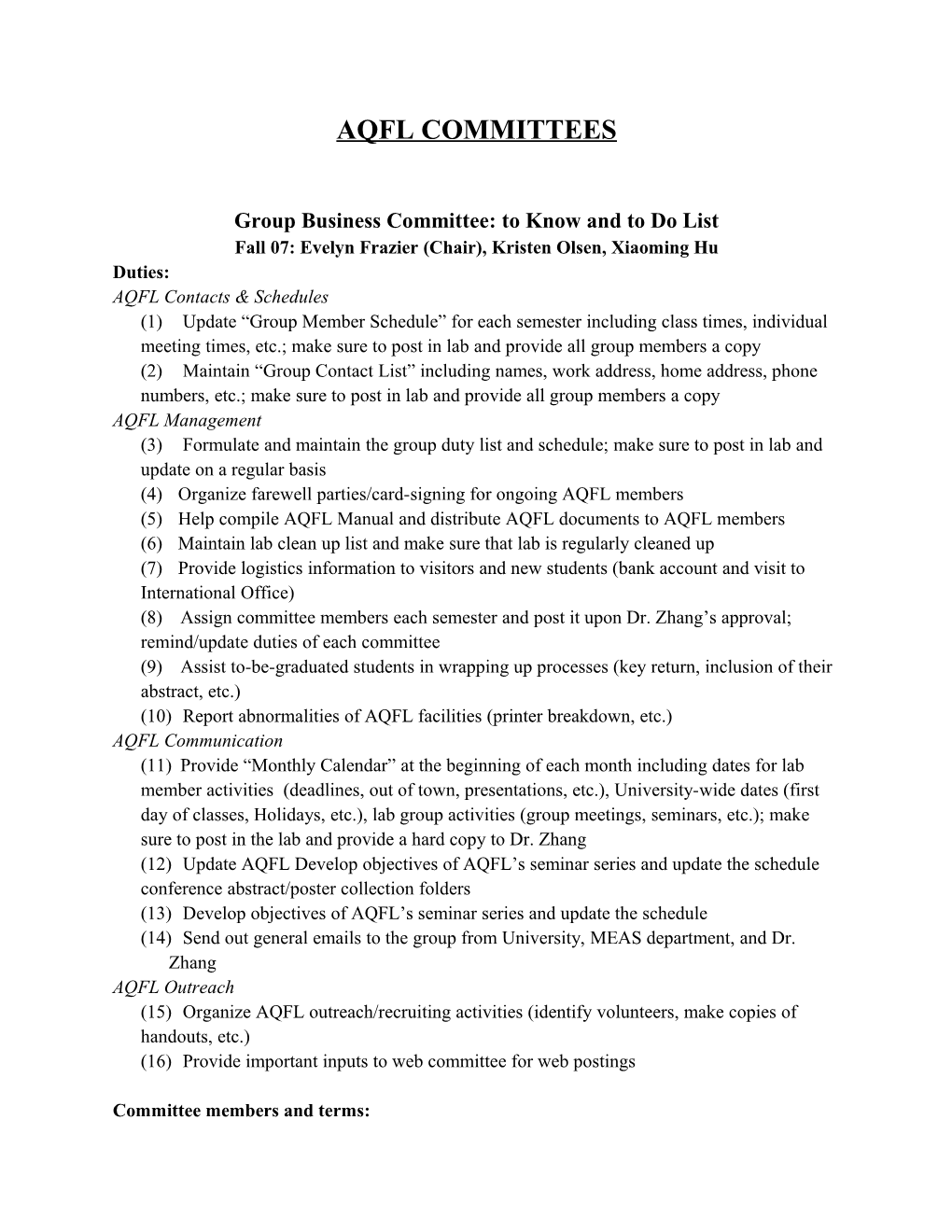 Group Business Committee: to Know and to Do List