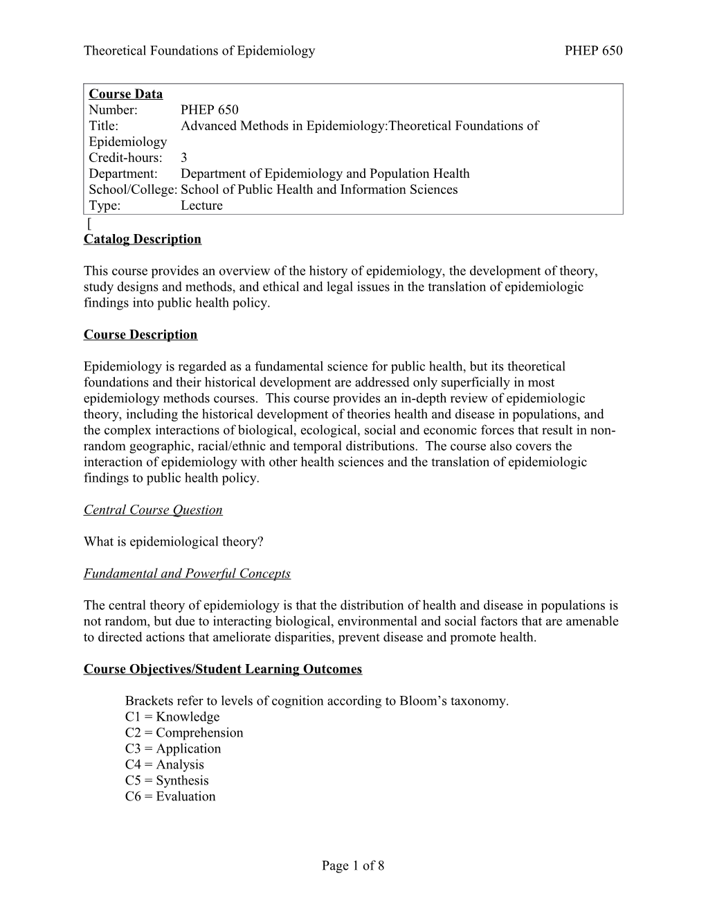 PHEP 650 Theoretical Foundations of Epidemiology