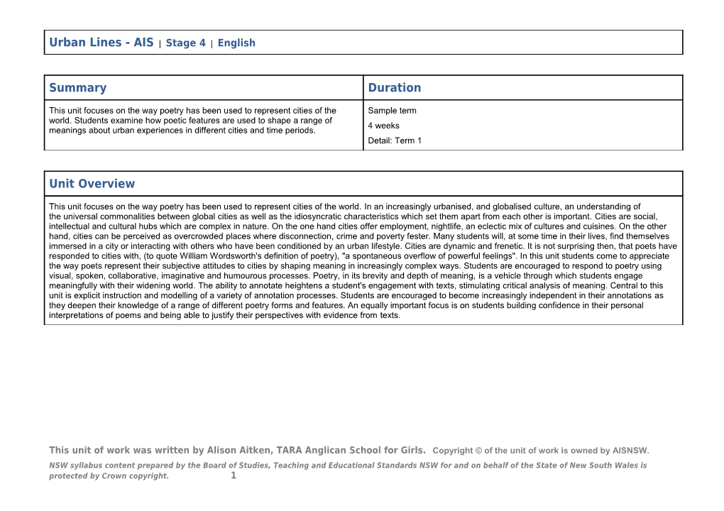 Stage 4 Poetry Unit Urban Lines