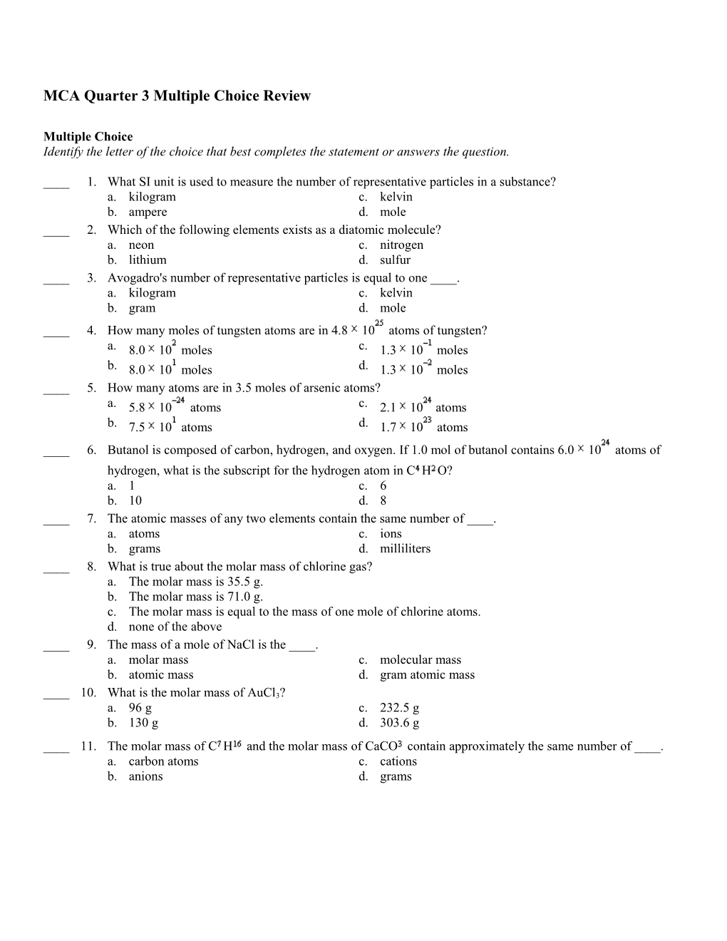 MCA Quarter 3 Multiple Choice Review