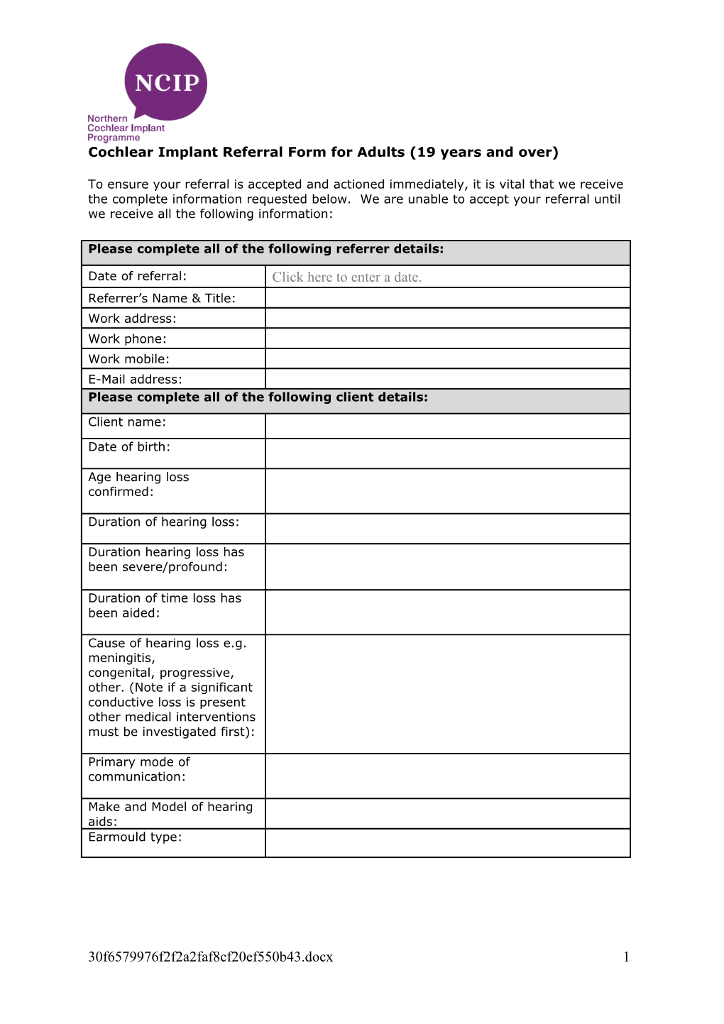 Cochlear Implant Referral Form for Adults (19 Years and Over)
