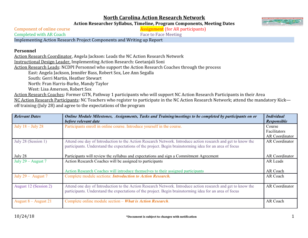 Action Researcher Syllabus, Timeline, Program Components, Meeting Dates