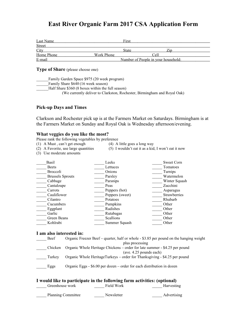 East River Organic Farm 2003 CSA Application Form
