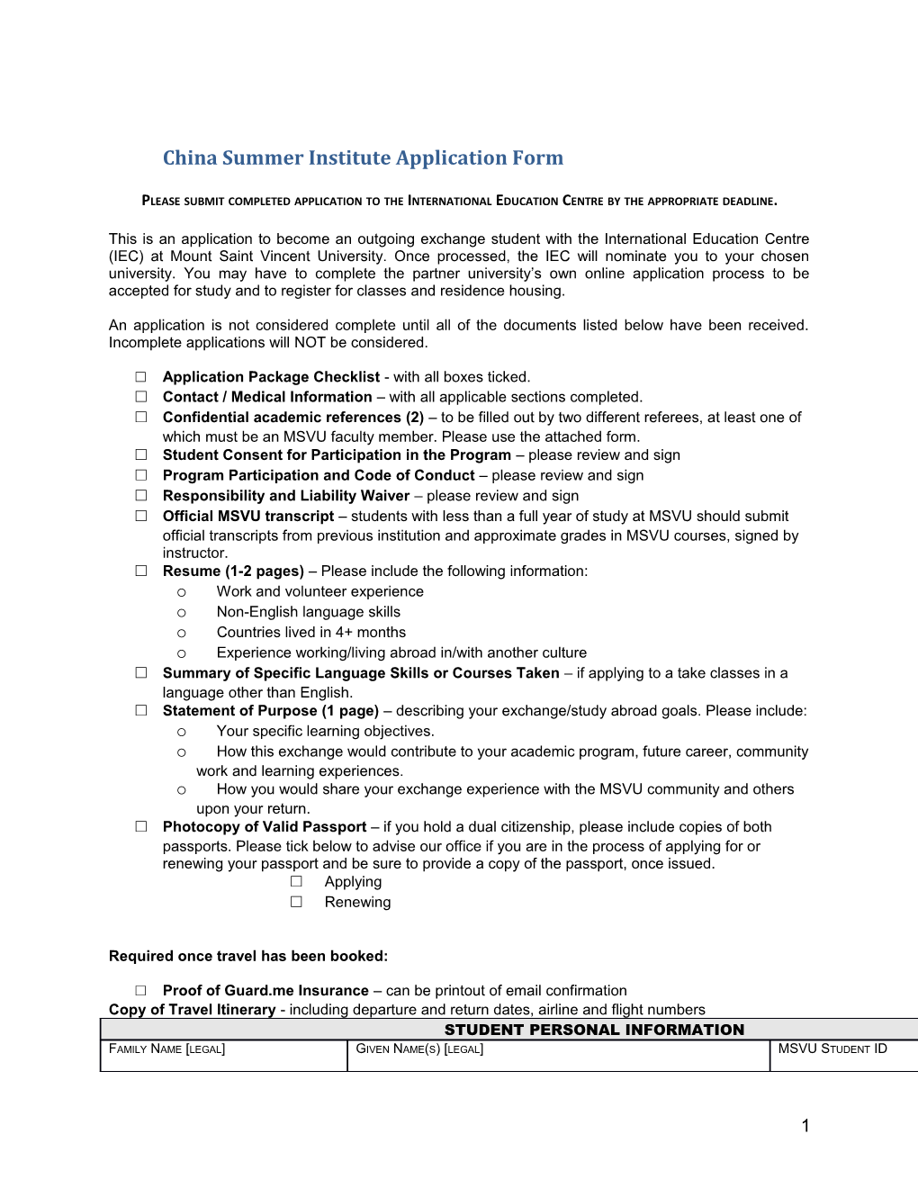 China Summer Institute Application Form