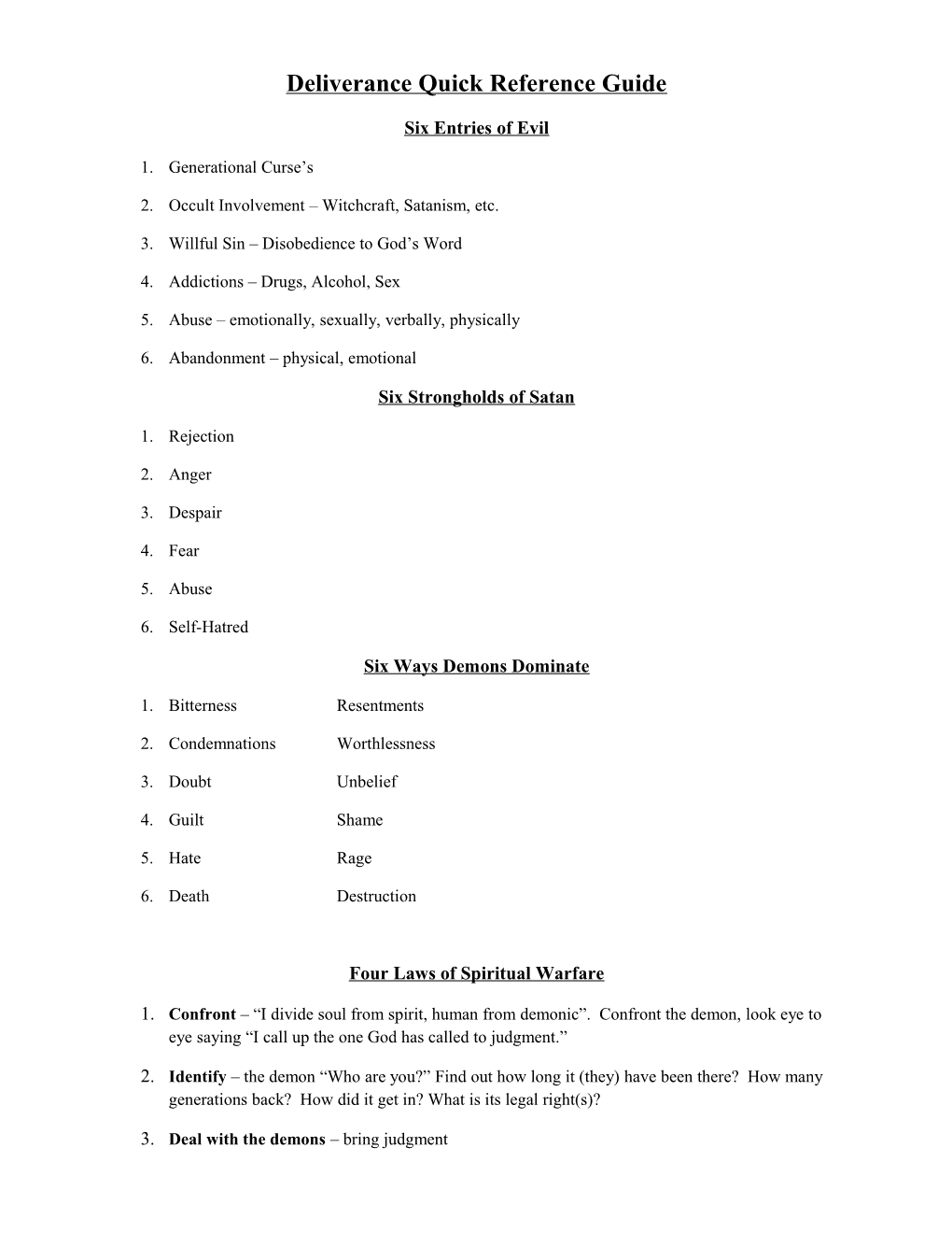 Deliverance Quick Reference Guide