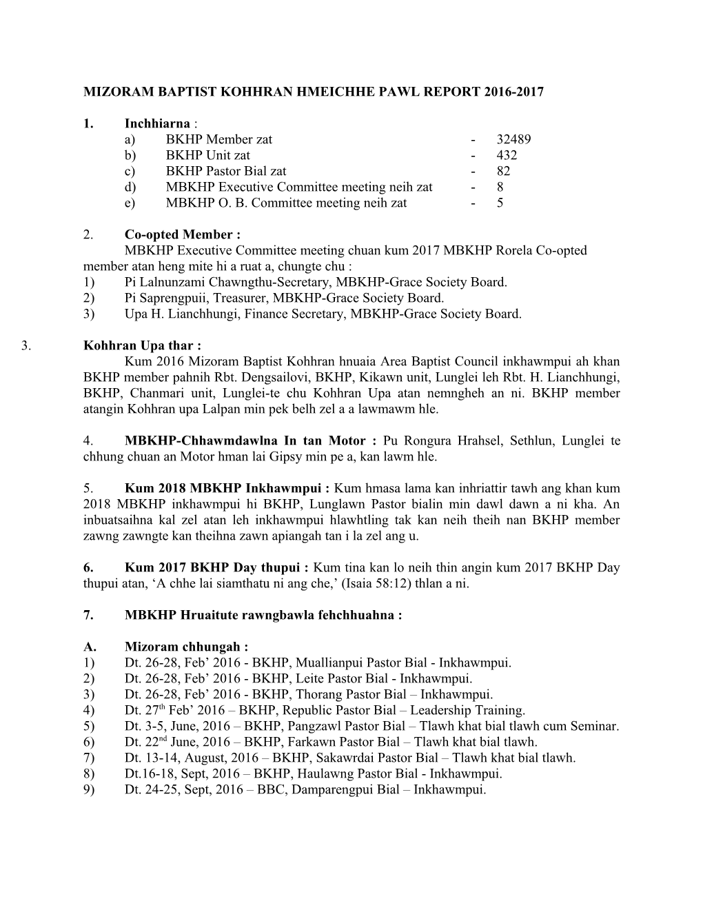 Mizoram Baptist Kohhran Hmeichhe Pawl Report 2016-2017