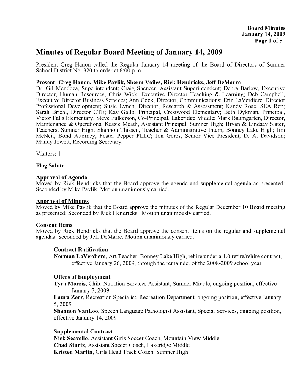 Minutes of Regular Board Meeting of January 14, 2009