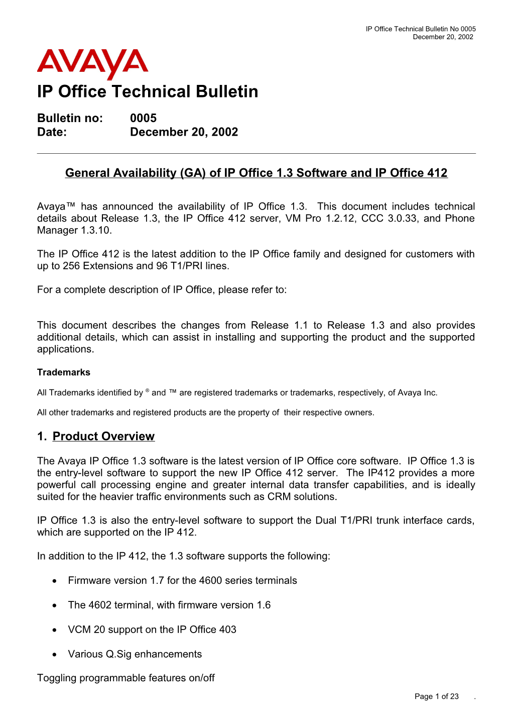Avaya IP Office 1.3 Technical Bulletin