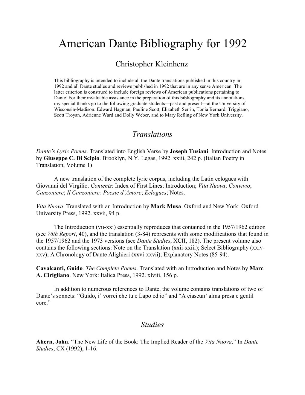 American Dante Bibliography for 1992