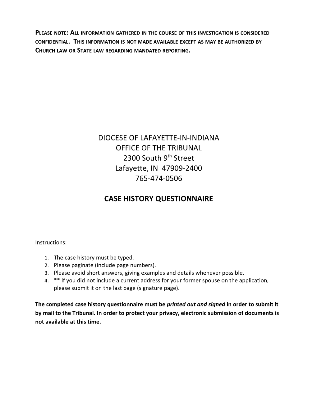 Detailed Case History Questionnaire for the Plaintiff1