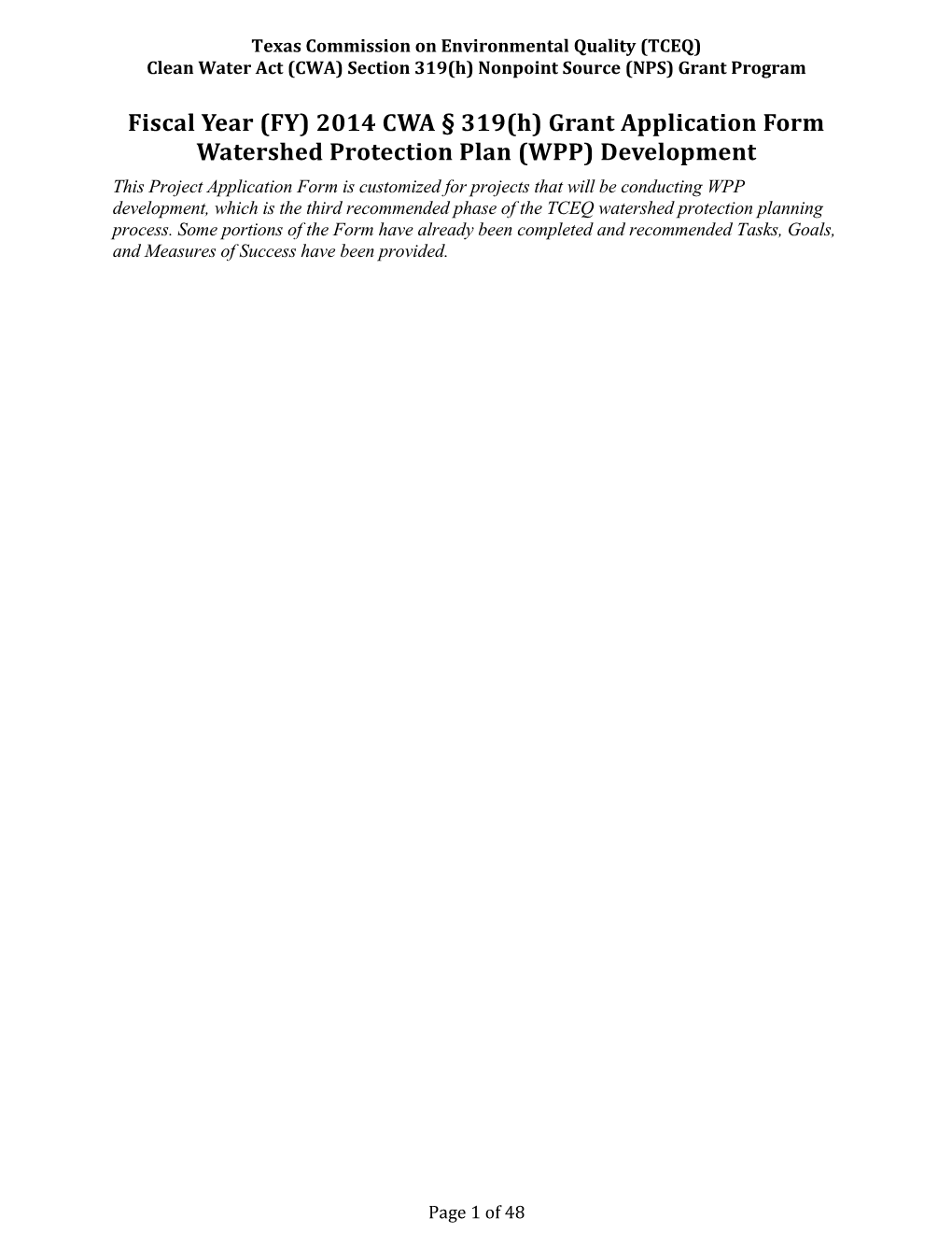 Fiscal Year (FY) 2014CWA 319(H) Grant Applicationform Watershed Protection Plan (WPP)