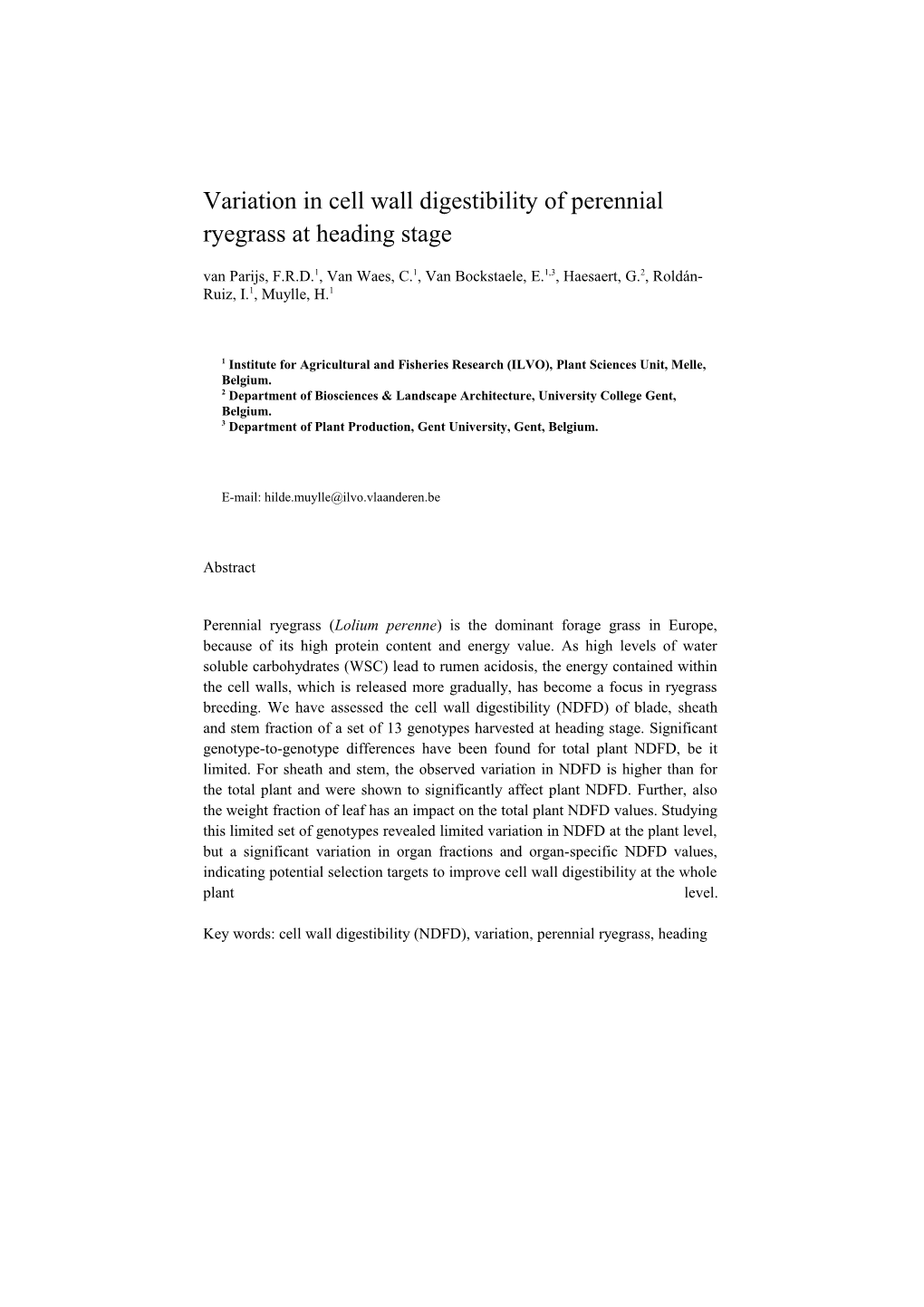 Variation in Cell Wall Digestibility of Perennial Ryegrass at Heading Stage