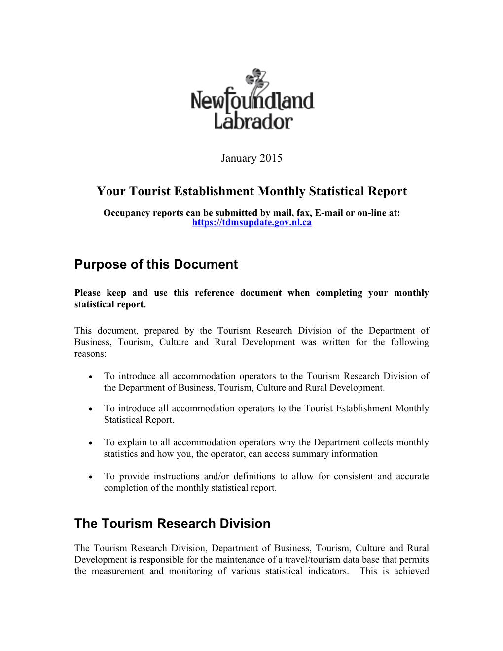 Your Tourist Establishment Monthly Statistical Report