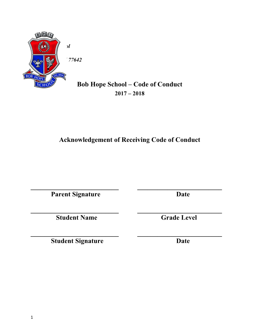 Bob Hope School Code of Conduct