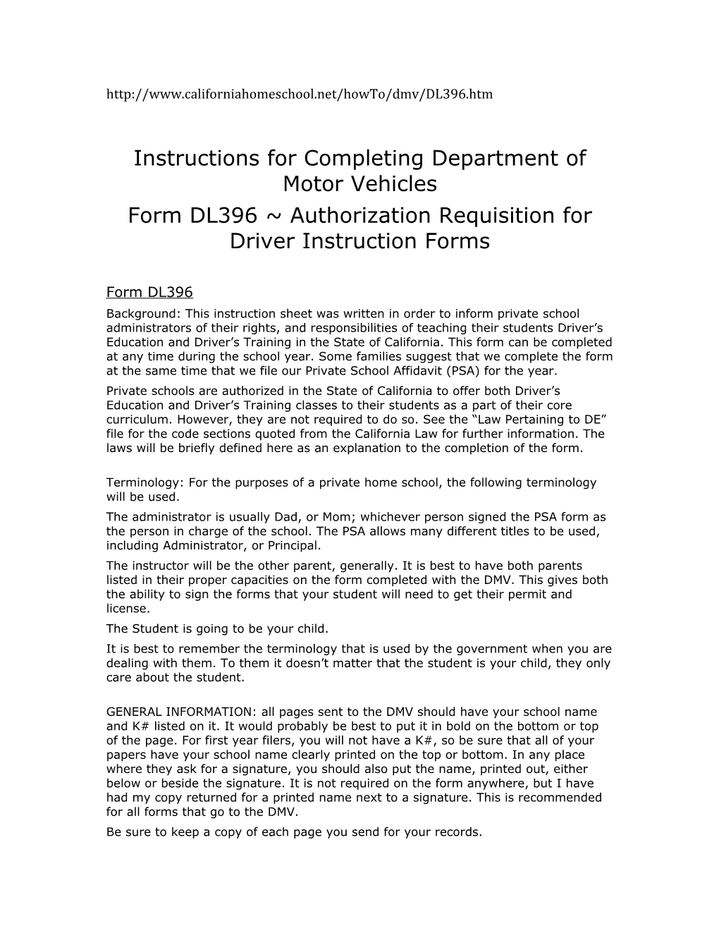 Instructions for Completing Department of Motor Vehicles