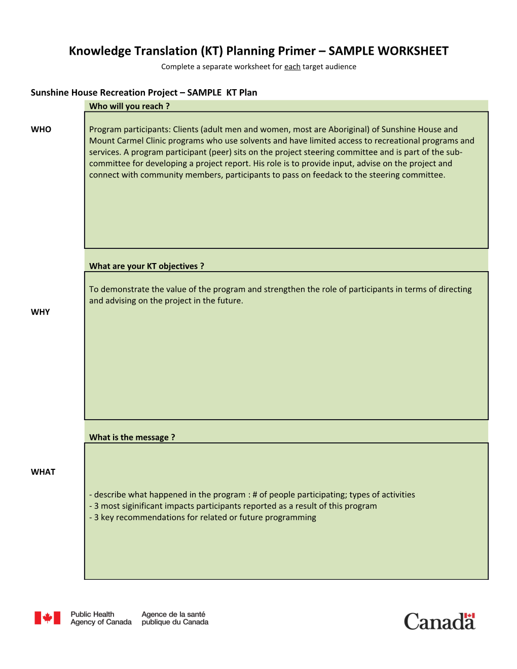 Knowledge Translation (KT) Planning Primer SAMPLE WORKSHEET