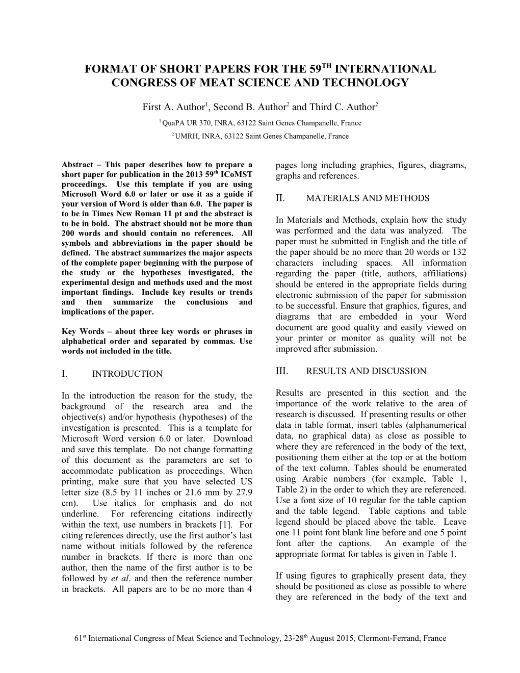 Format of Short Papers for the 58Th International Congress of Meat Science and Technology