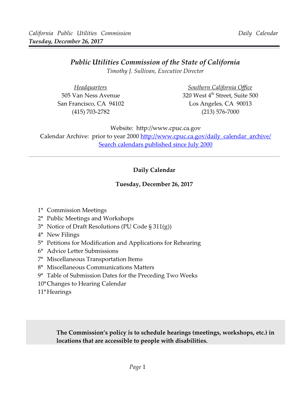 California Public Utilities Commission Daily Calendar Tuesday, December 26, 2017