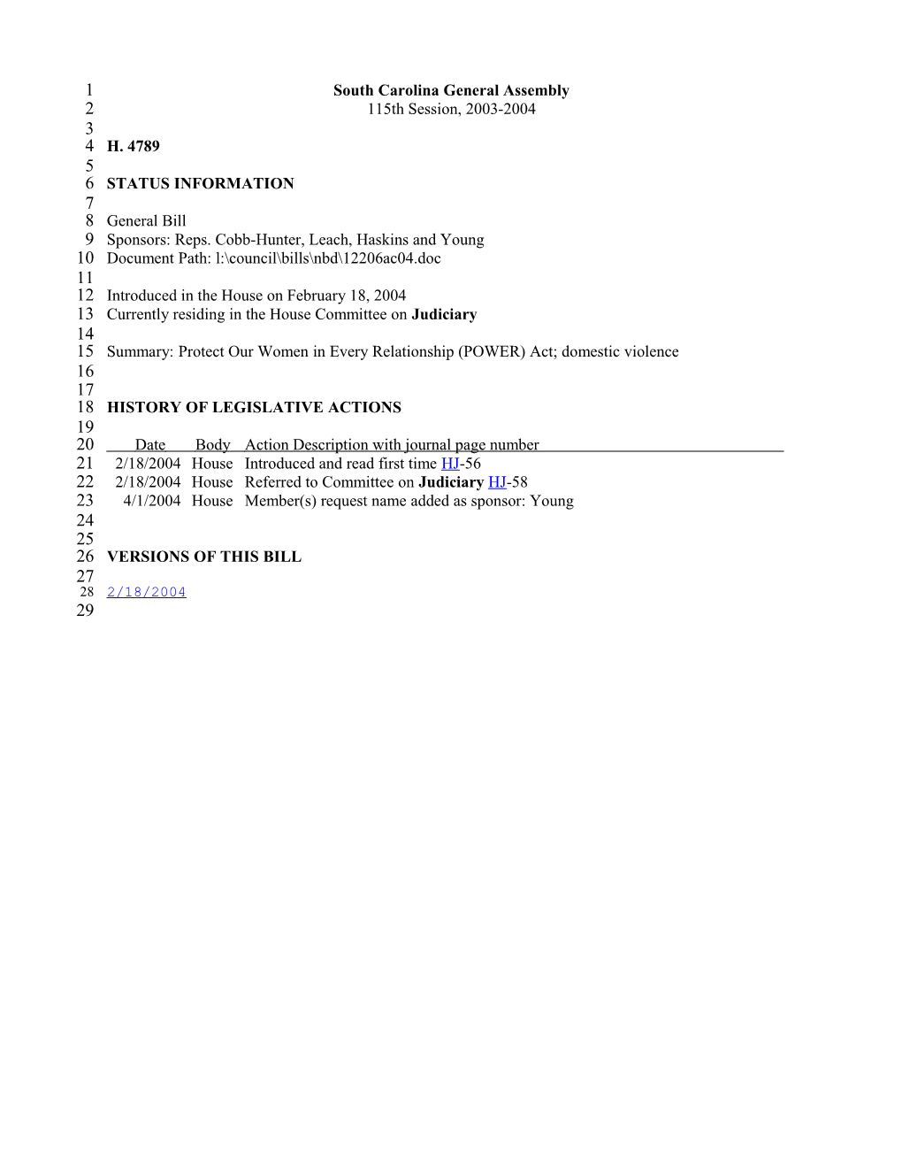 2003-2004 Bill 4789: Protect Our Women in Every Relationship (POWER) Act; Domestic Violence