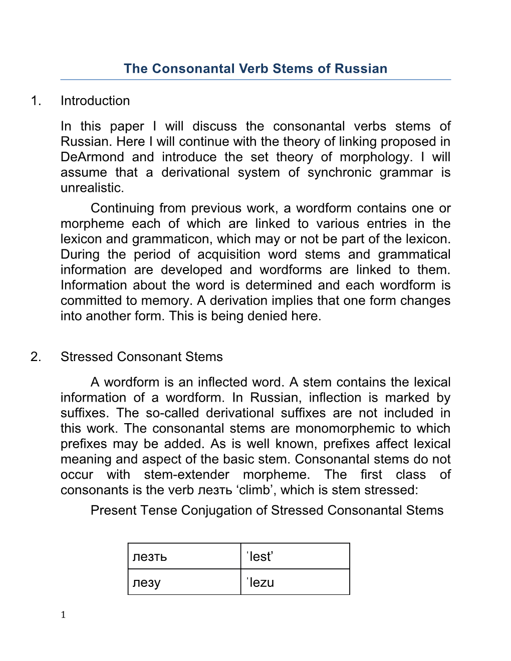 The Consonantal Verb Stems of Russian