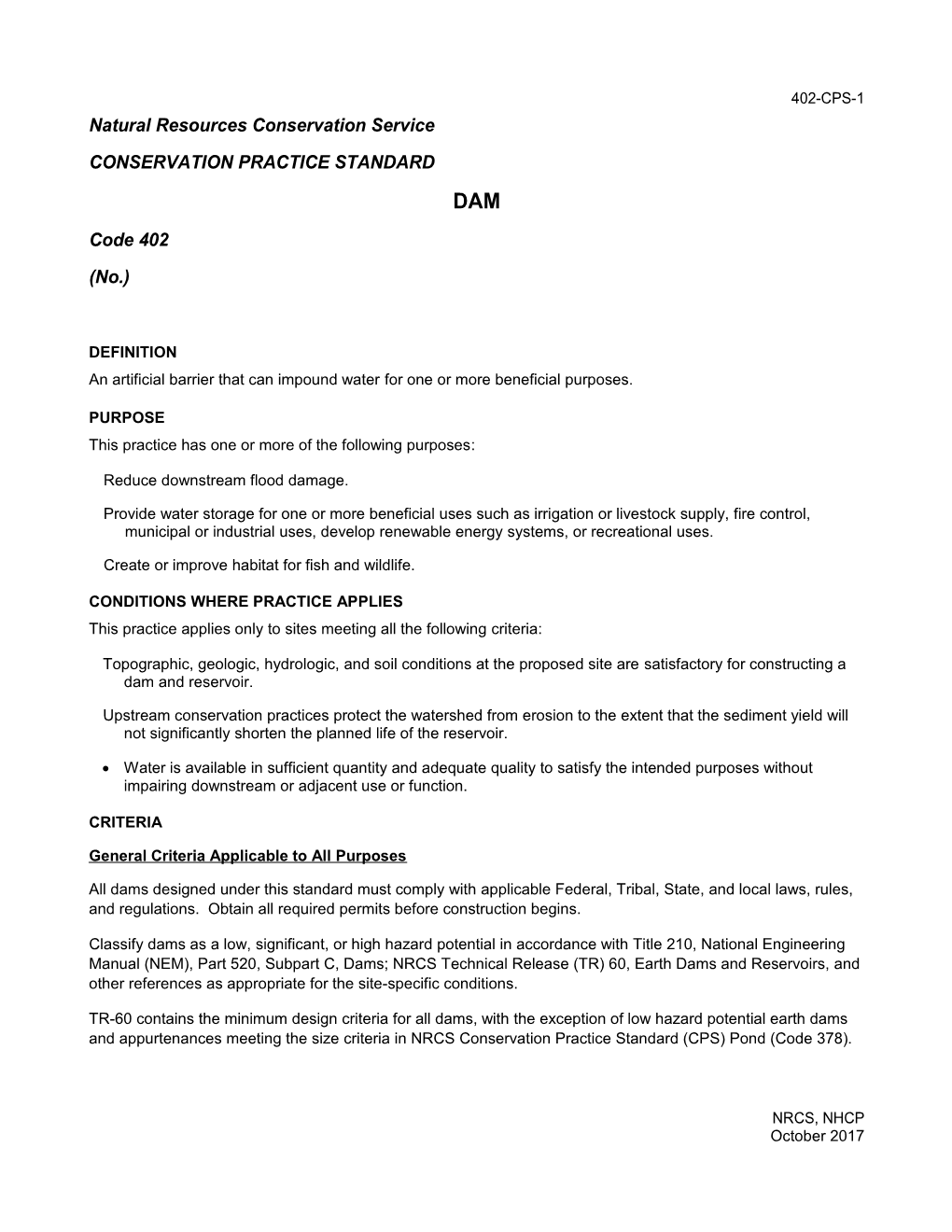 Conservation Practice Standard 378 Pond