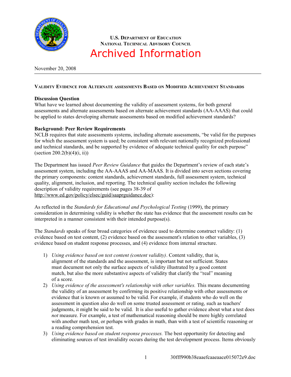 Archived: Validity Evidence for Alternate Assessments Based on Modified Achievement Standards