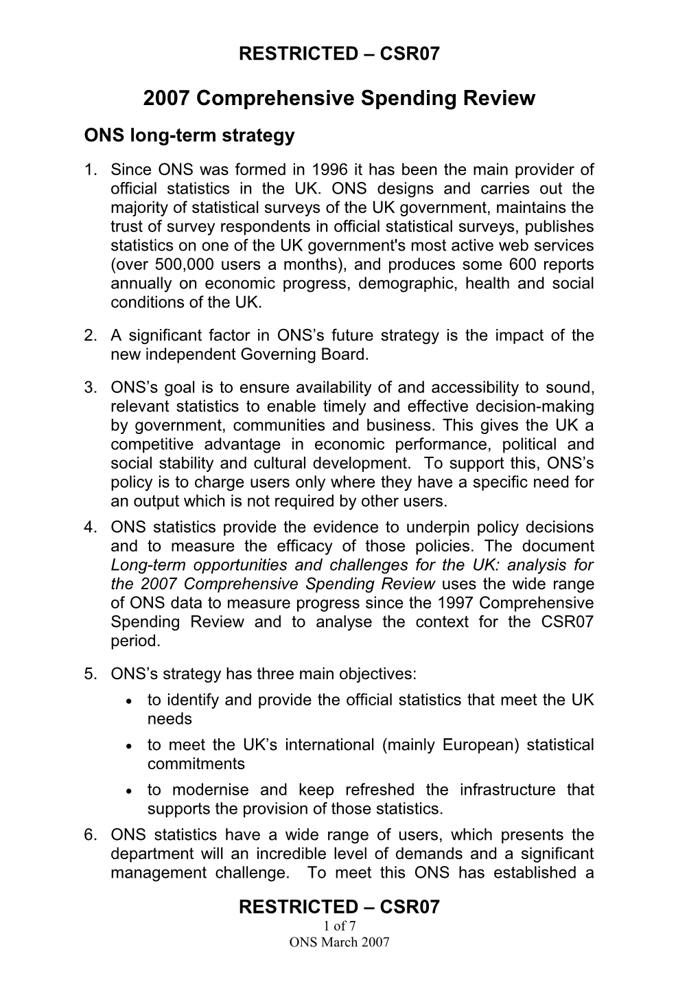 2007 Comprehensive Spending Review: Office for National Statistics