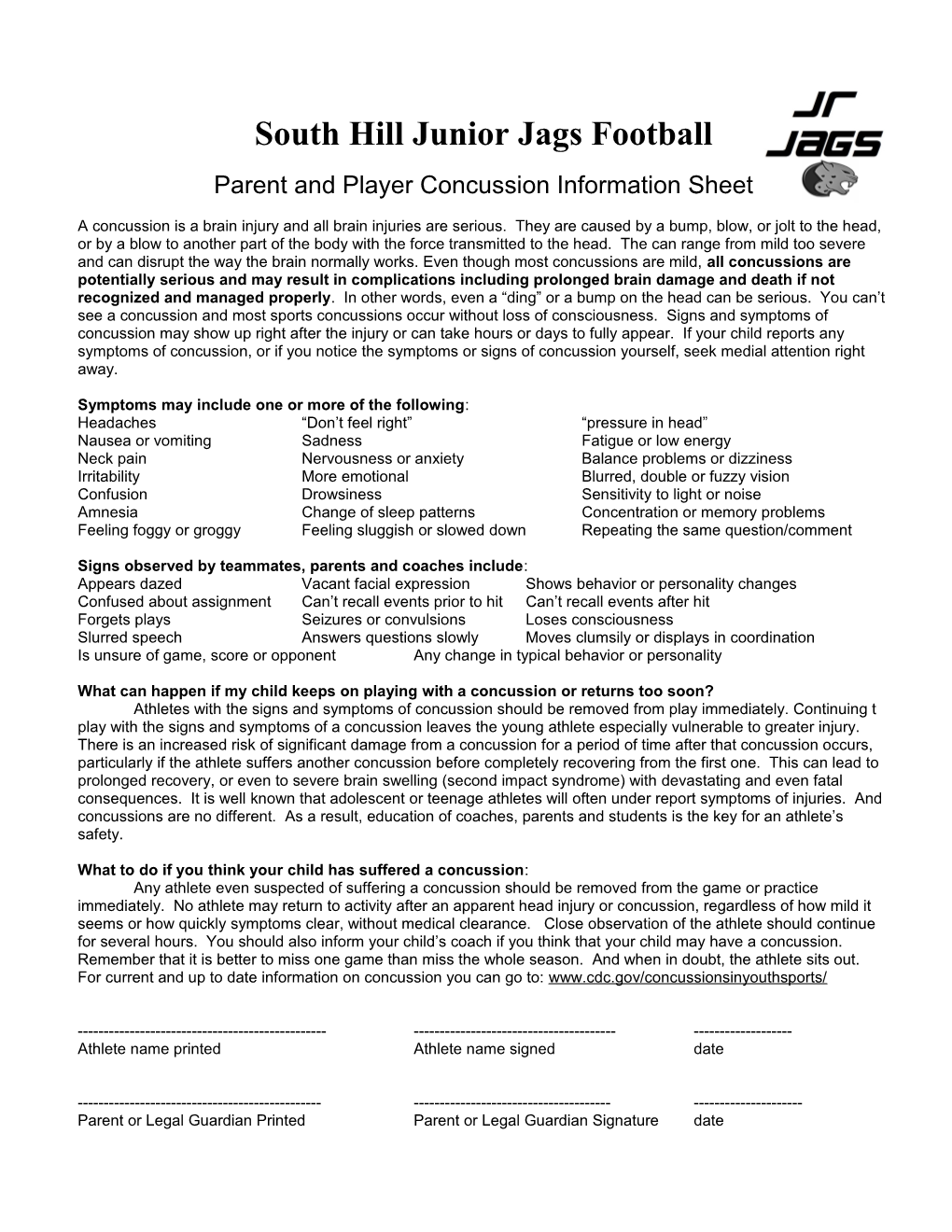 Parent and Player Concussion Information Sheet