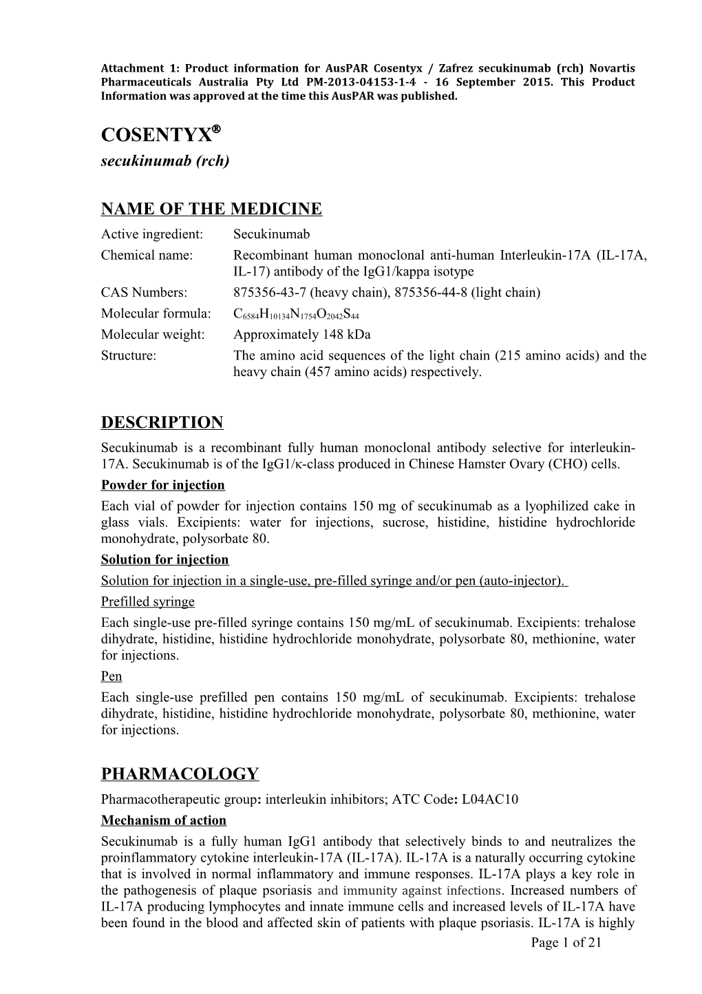 Auspar Attachment 1: Product Information for Cosentyx (Secukinumab (Rch))