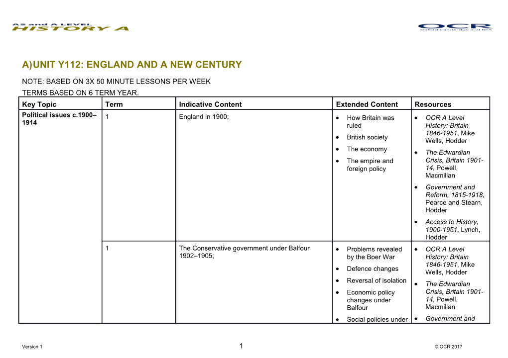 OCR a and AS History Unit Y112 Scheme of Work