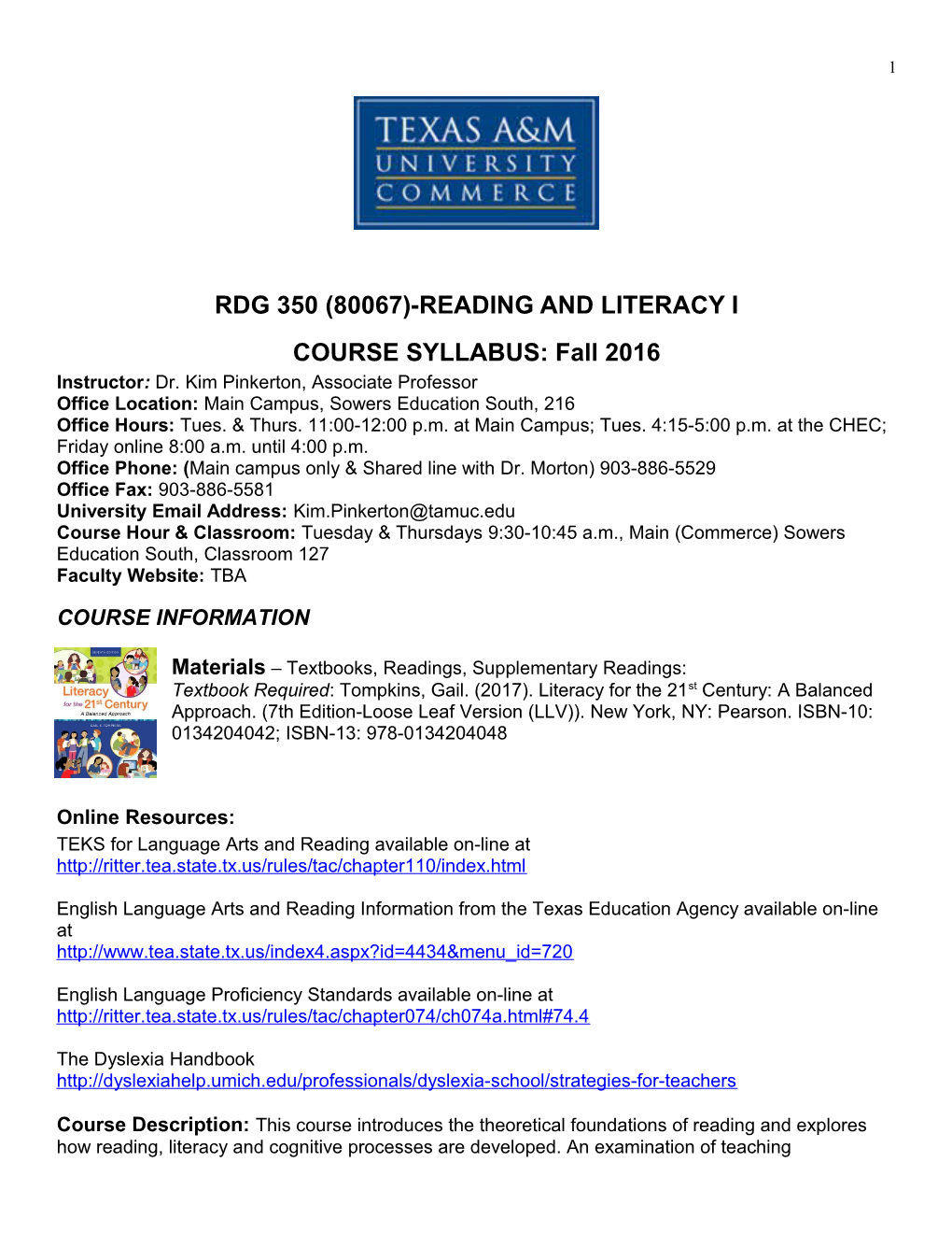 Rdg 350 (80067)-Reading and Literacy I