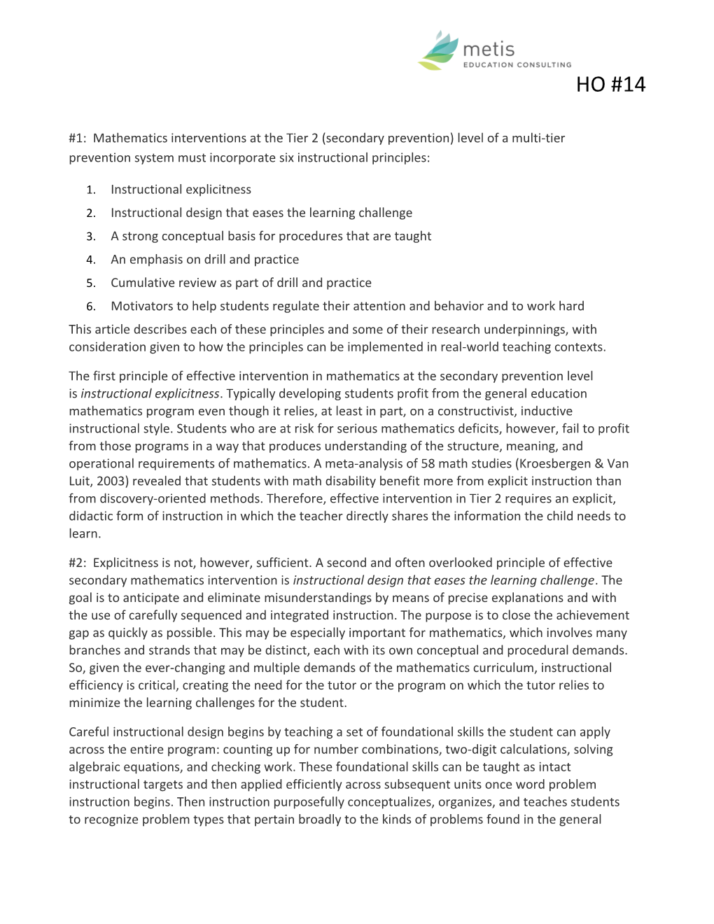 1: Mathematics Interventions at the Tier 2 (Secondary Prevention) Level of a Multi-Tier