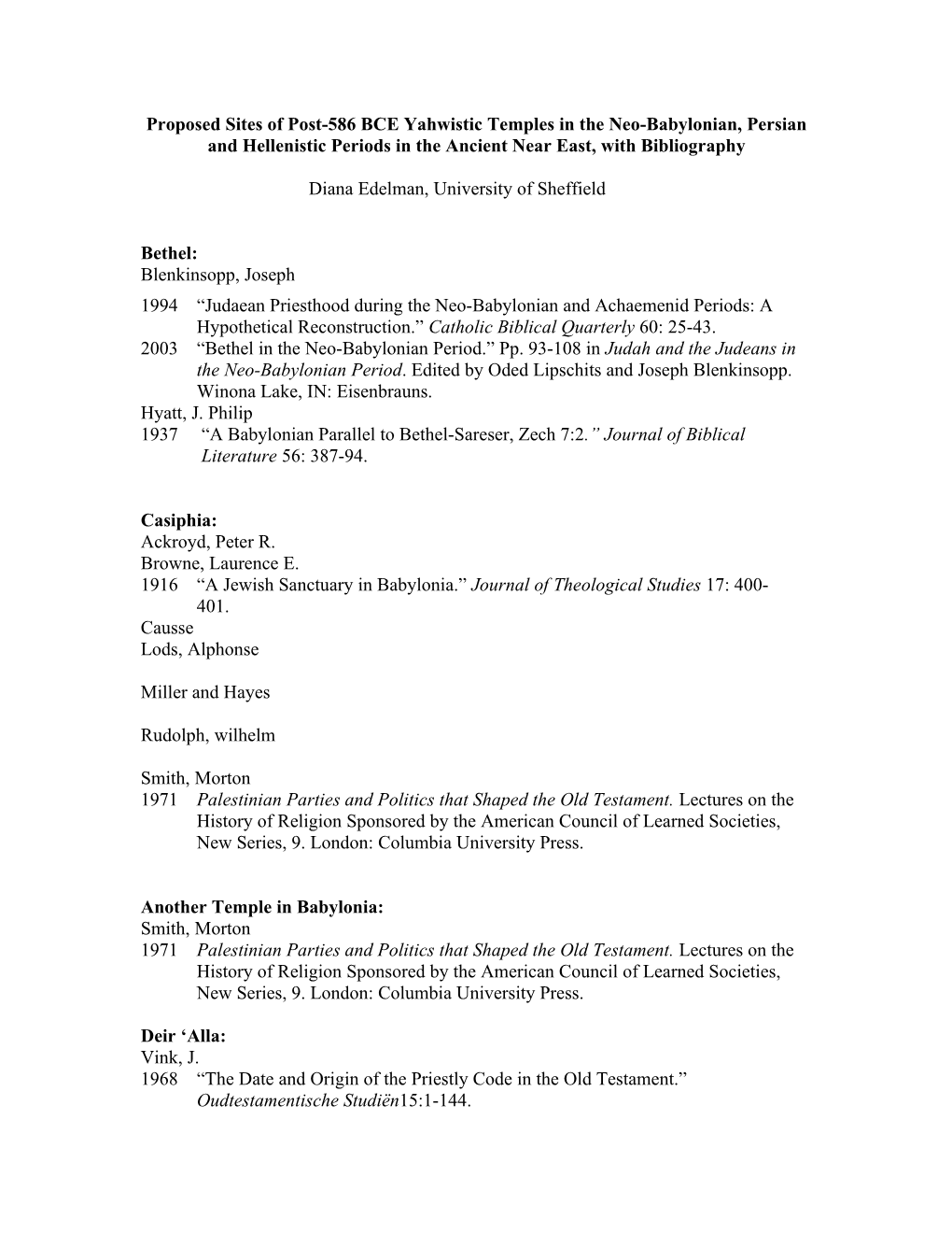 Proposed Sites of Post-586 BCE Yahwistic Temples in the Neo-Babylonian, Persian and Hellenistic