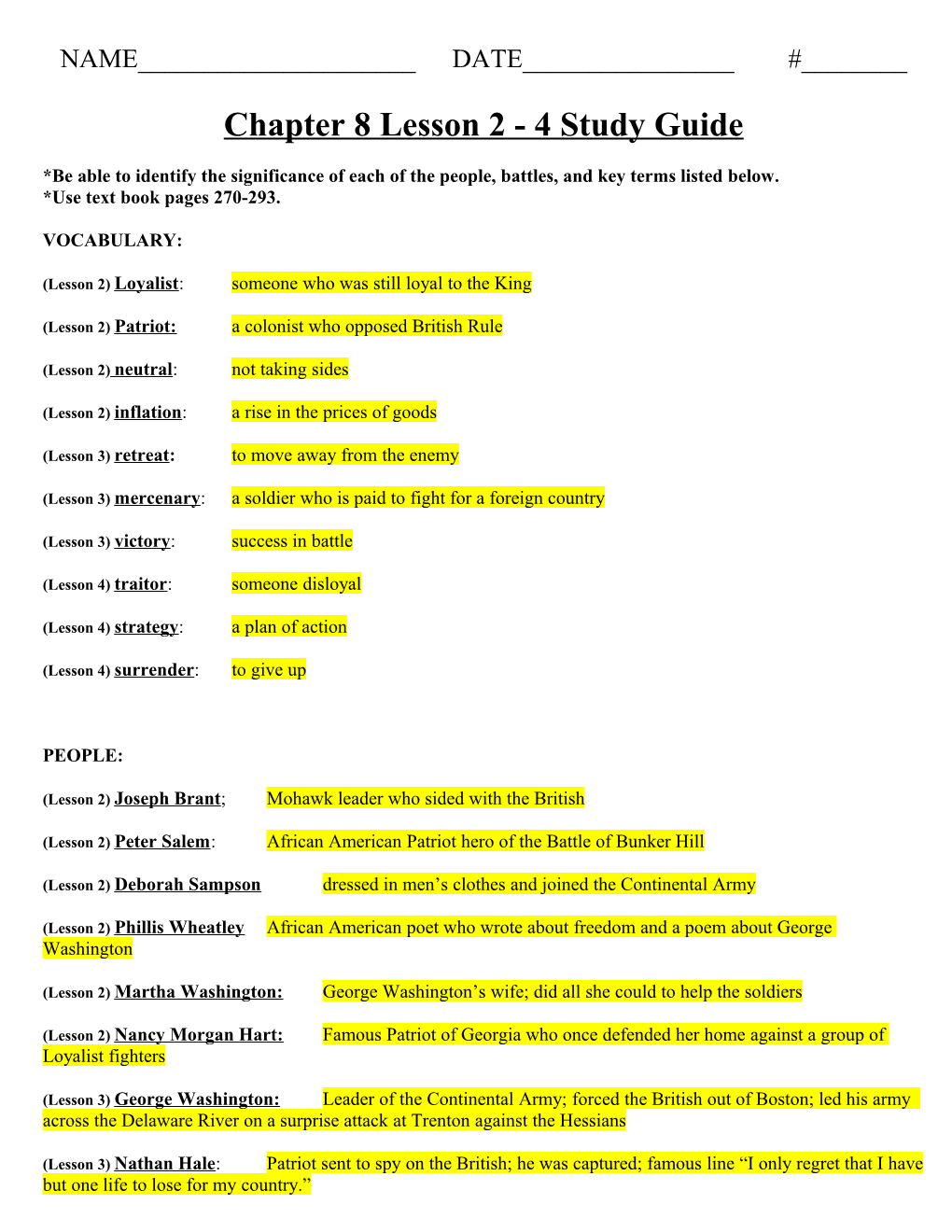 Chapter 8 Lesson 2 and 3 Study Guide