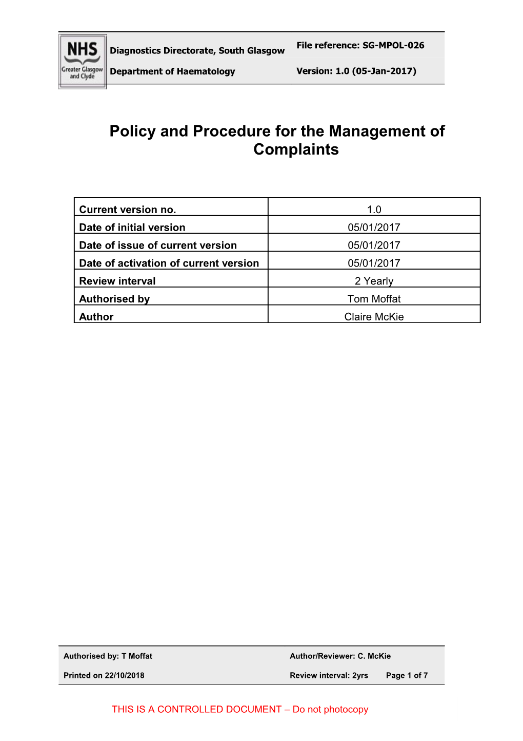 Policy and Procedure for the Management of Complaints