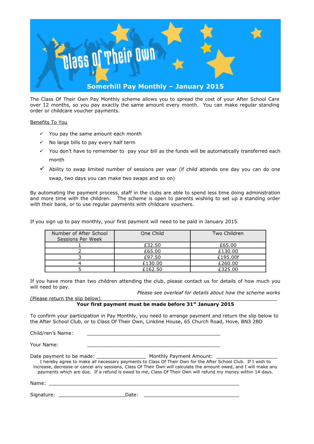 Paying for After School Care by Standing Order