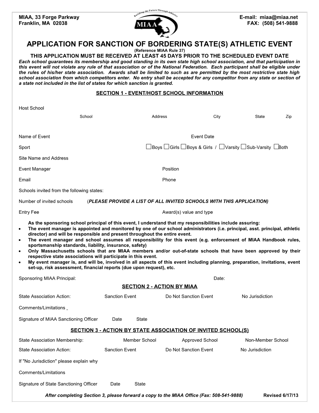 Application for Sanction of Bordering State(S) Athletic Event