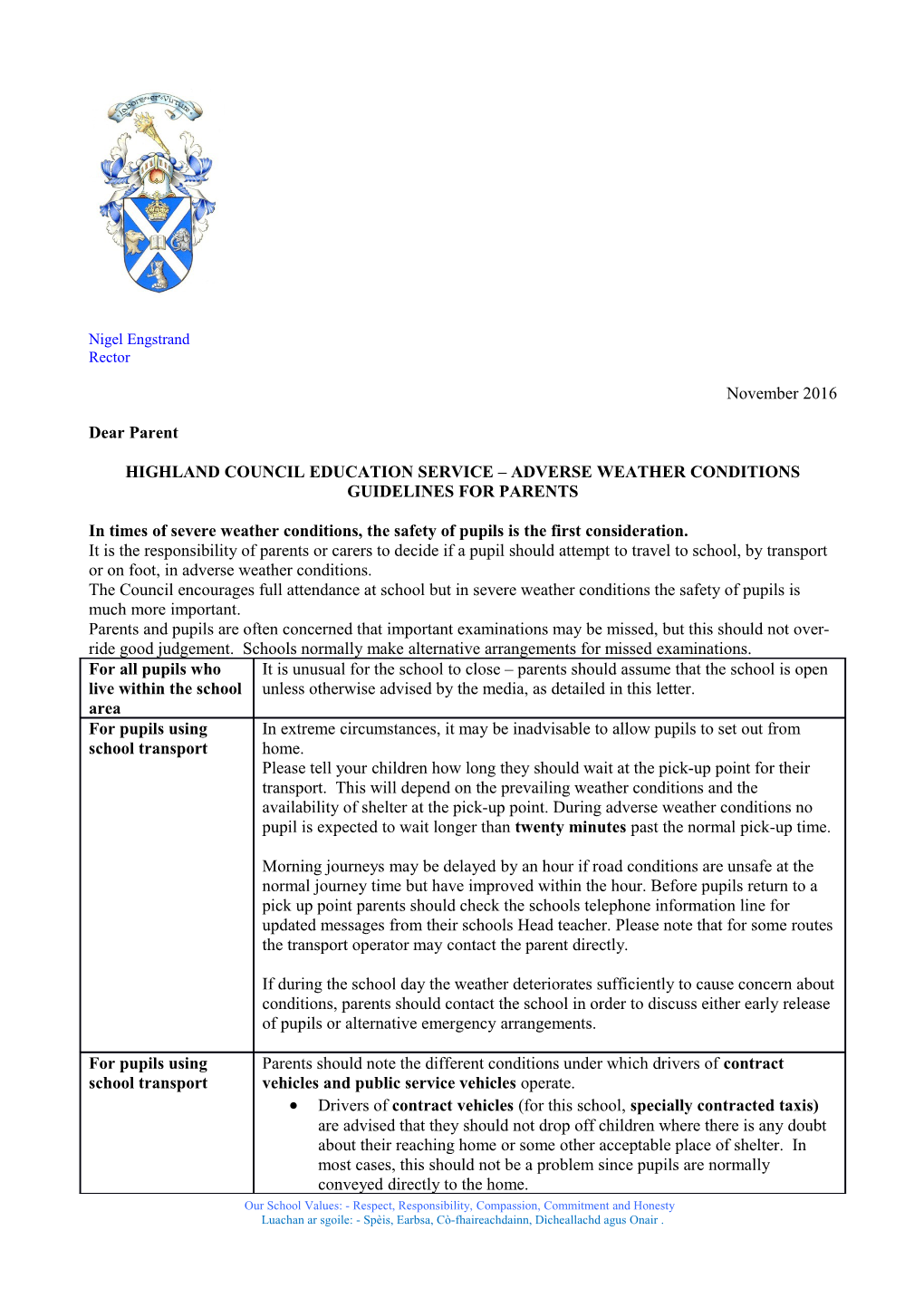 Highland Council Education Service Adverse Weather Conditions