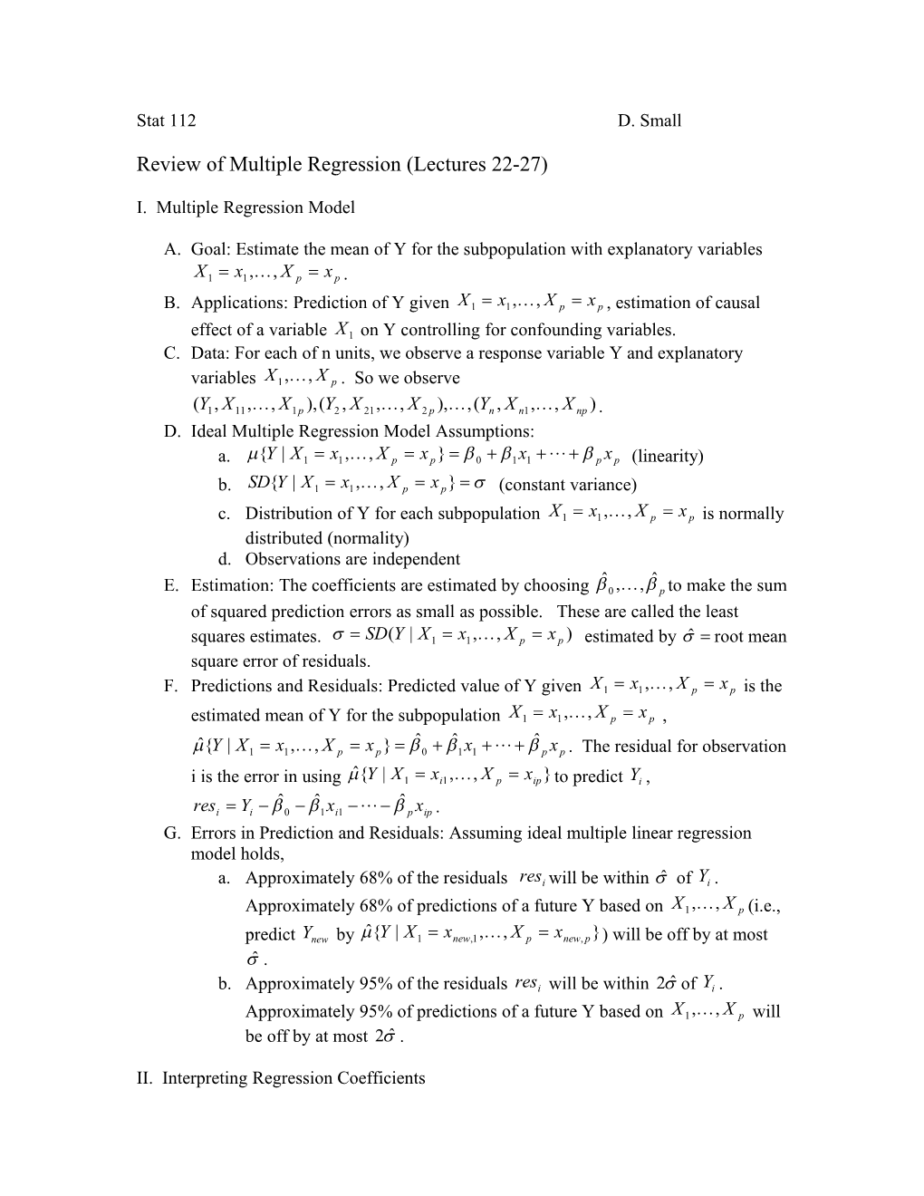 Review of Multiple Regression (Lectures 22-27)